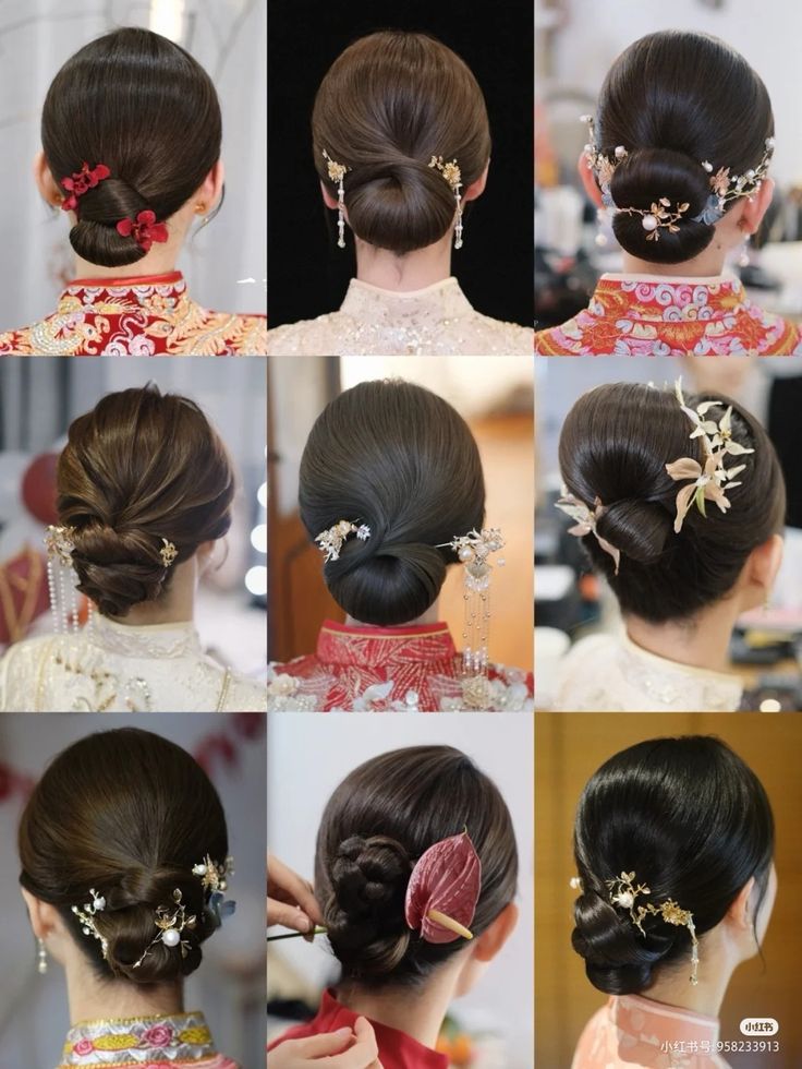 Qi Pao Hairstyle, Japanese Bride Hairstyle, Tea Ceremony Hairstyle, Cheongsam Hairstyle Modern, Japanese Updo Hairstyles, Chinese Half Up Half Down Hair, Chinese Tea Ceremony Hair, Asian Inspired Hairstyles, Japanese Wedding Hair