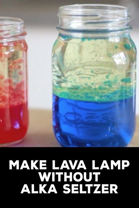 two jars filled with different colored liquid sitting on top of a wooden table next to the words make lava lamp without alka seltzer