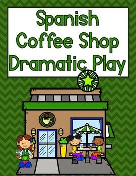 the spanish coffee shop dramatic play is shown with green chevrons and white letters