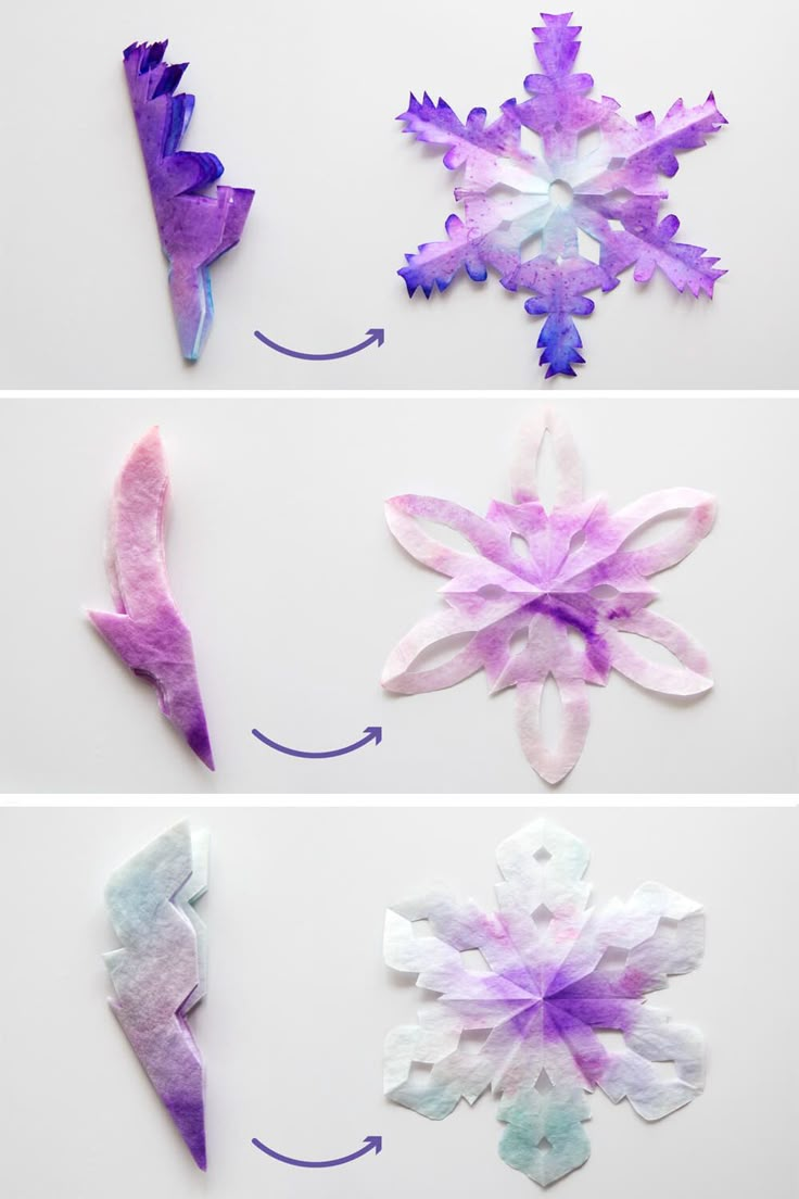 four different types of paper snowflakes are shown in three different stages, one is purple and the other is white