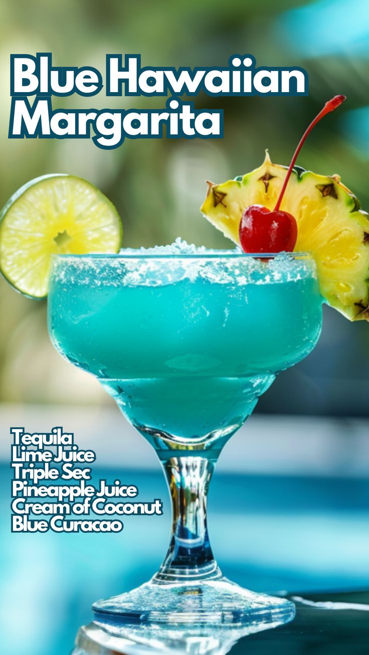 a blue hawaiian margarita with a cherry and pineapple garnish on the rim