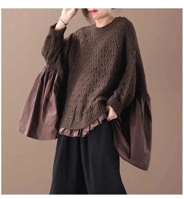 LOVEMI - Pleated patch bat shirt Bat Shirt, Balloon Sleeve Sweater, Wool Sweaters Womens, Patchwork Shirt, Pleated Shirt, Coffee Color, Coffee Colour, Sleek Fashion, Casual Top