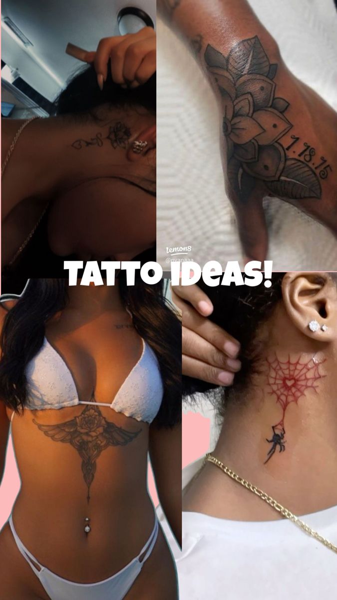 several different pictures of women with tattoos and piercings on their chest, behind them is the words tattoo ideas