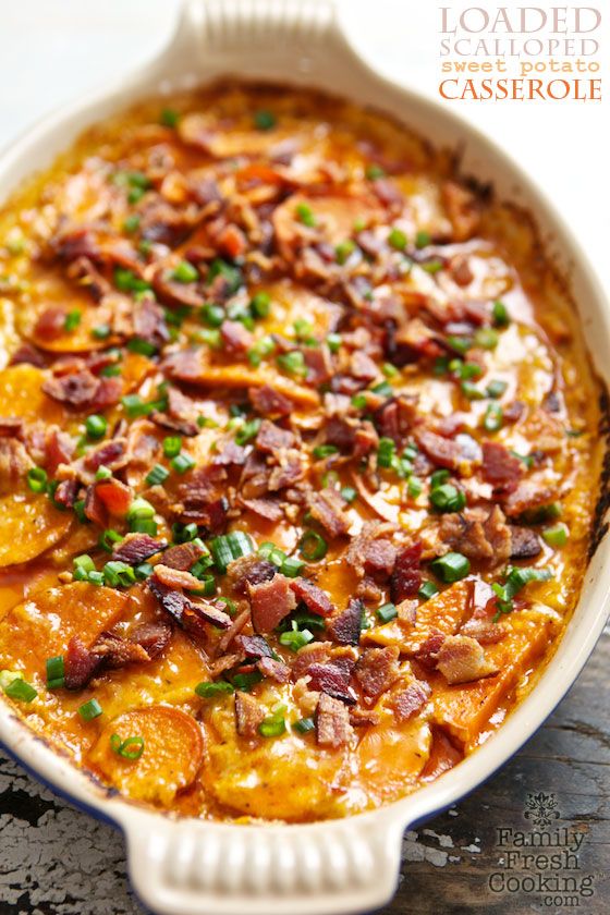 a casserole dish with bacon and green onions