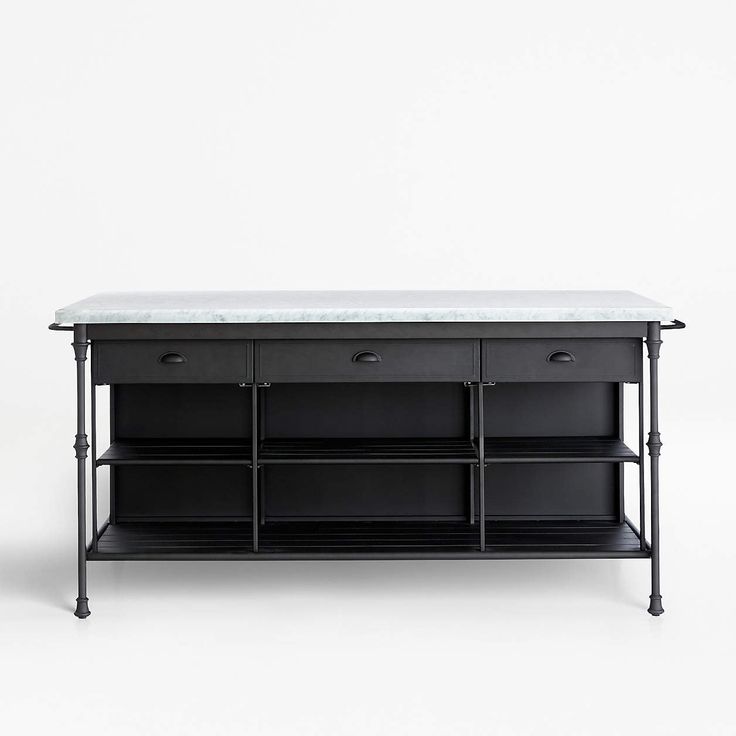 a black and white marble top table with drawers on it's sides, in front of a white background