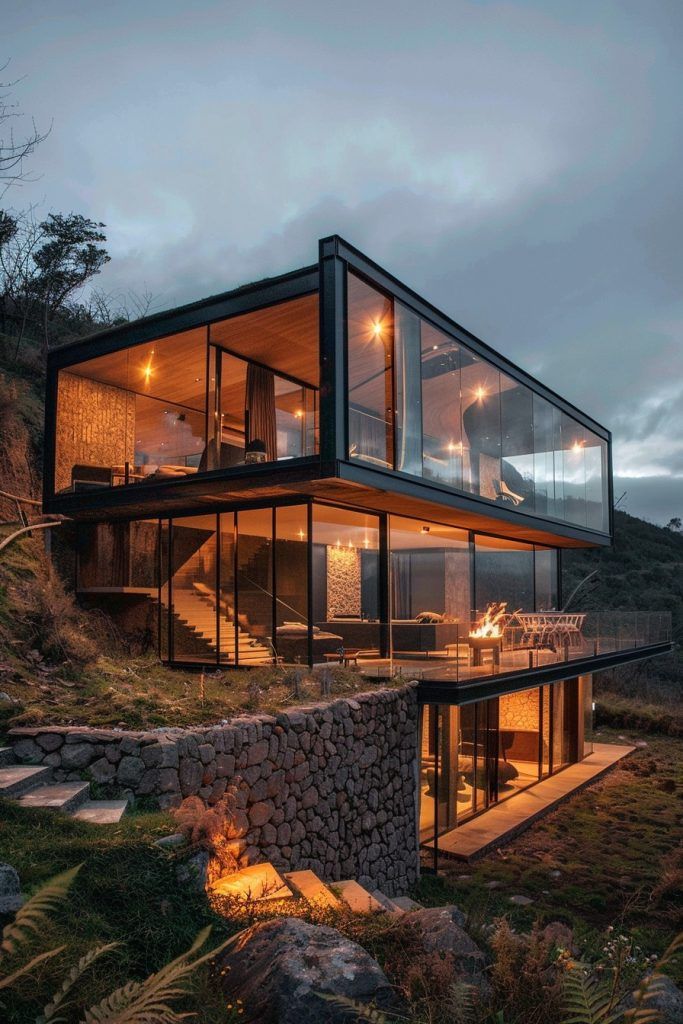 a modern house with glass walls on the top floor and stairs leading up to it