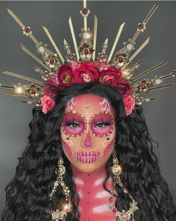 Pink Dia De Los Muertos Makeup Ideas, Candylover89 Makeup, Pink Day Of The Dead Makeup, Pink Sugar Skull Makeup, Sugar Skull Head Piece Diy, Pink Catrina Makeup, Sugarskulls Makeup, Sugar Skull Makeup Pretty, Catrina Headpiece