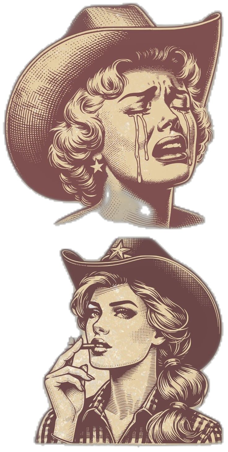 two images of the same woman in hats, one with tears on her face and one with