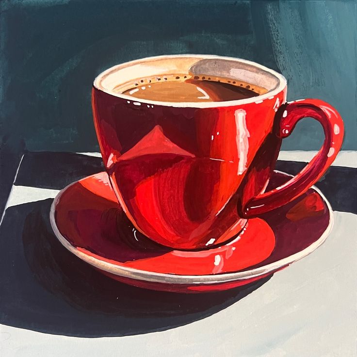 a painting of a red coffee cup on a saucer