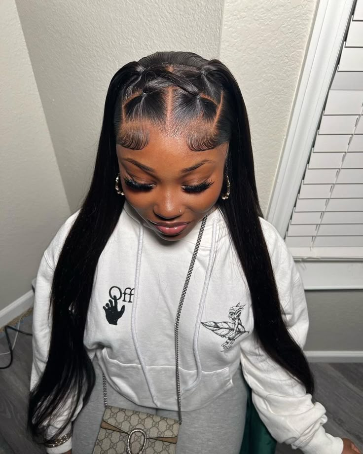 Summer Wig Styles, Hair Styles Lace Wigs, Lace Front 2 Ponytails, Cross Cross Quick Weave, Creative Half Up Half Down Hairstyles, Hairstyles For Straight Wigs, Frontal Hairstyles Ideas Straight, Swoop With Crimps, Tracks Hairstyles