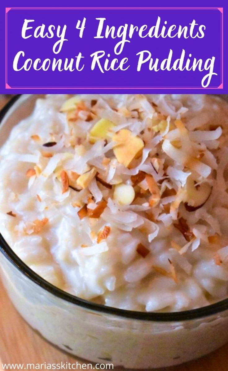 coconut rice pudding in a glass bowl with text overlay that reads easy dairy - free coconut rice pudding