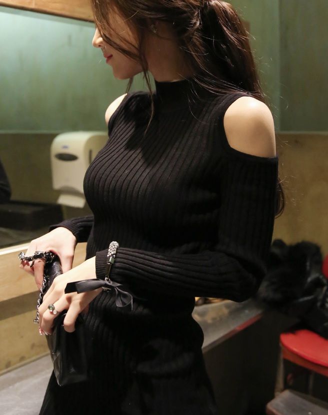 cherry spoon - Mock-Neck Cutout Shoulder Sweater Dress #knitdress #koreanfashion #mostpopular #cutout #turtleneck Cutout Turtleneck Outfit, Woman In Turtleneck, Cutout Turtleneck Sweater, Shoulder Cutout Shirt, Shoulderless Turtleneck, Black Turtle Neck Dress Outfit, Sleeveless Turtle Neck Outfit, Tight Turtleneck Outfit, Turtle Neck Shirt Outfit