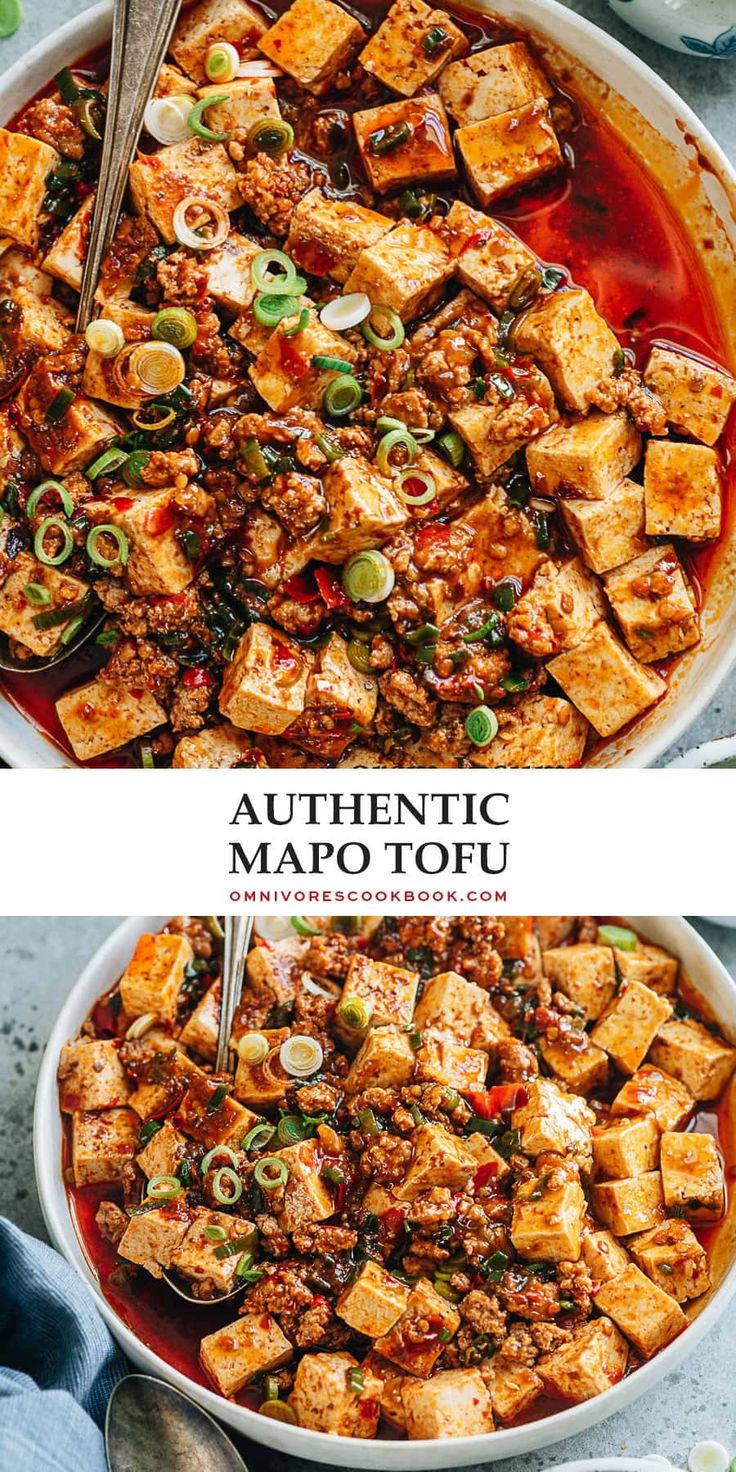 two images showing different types of tofu in the same bowl, one with meat and vegetables