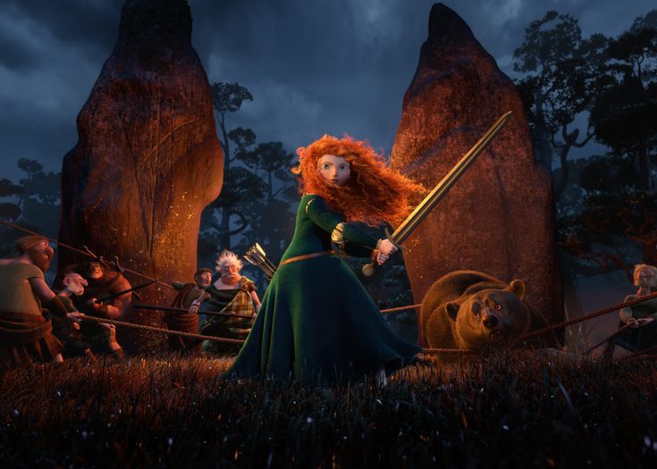 the merida from brave is standing in front of some bears