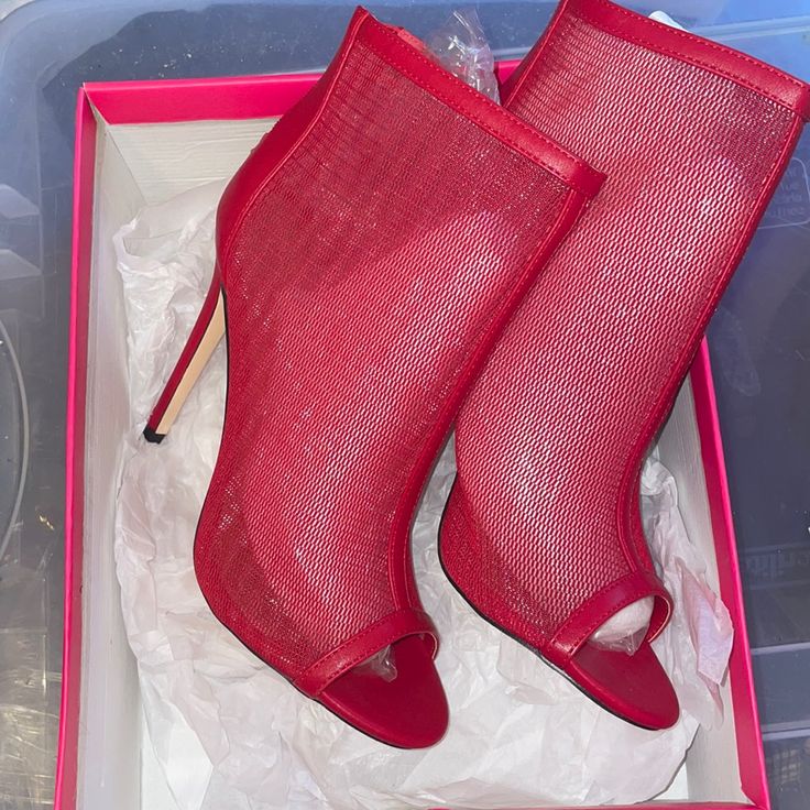 Red Heeled Net Booties. Brand New, Never Worn (Only Tried On/Walked In). Spring Party Boots With Red Sole, Red Open Toe Fitted Boots, Fitted Red Open Toe Boots, Red Fitted Open Toe Boots, Red Ankle-high Heels For Night Out, Red Ankle-high Heeled Boots For Formal Occasions, Elegant Ankle-high Heeled Boots With Red Sole, Elegant Red Ankle-high Boots, Red Ankle-high Party Booties