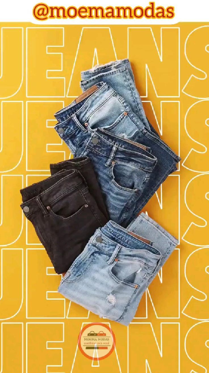 four pairs of jean's sitting on top of a yellow background with the words jeans versus jeans