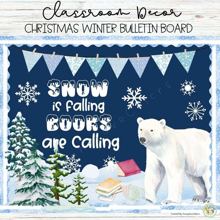 a polar bear is standing in front of a banner with snow falling on it and the words snow is falling books are calling