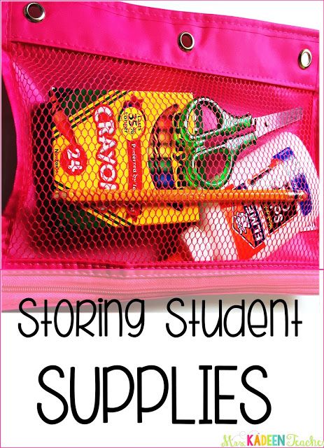 a pink bag filled with school supplies and the words storing student supplies on it's side