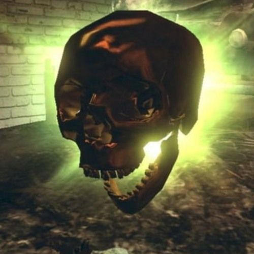 an image of a skull in the middle of a room with green light coming from behind it