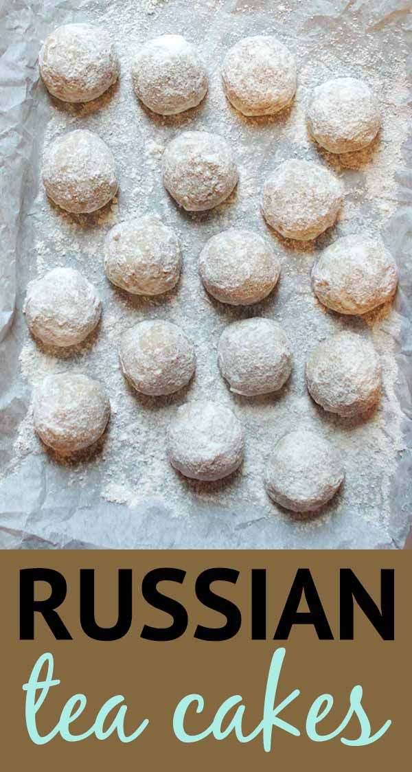 russian tea cakes with powdered sugar on top and the words russian tea cakes above it