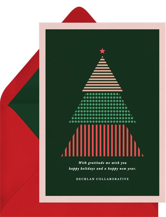 a green and red christmas card with an image of a tree on the front, which reads wish holiday and a happy new year