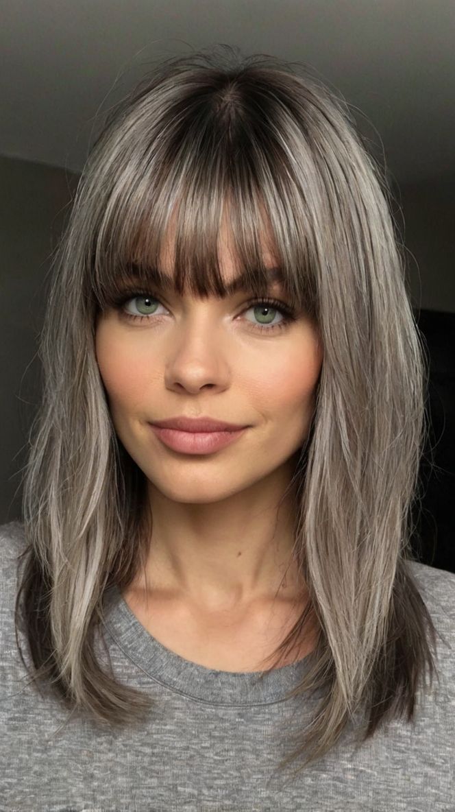 medium length gray hairstyles with bangs Hair Styles With Bangs Over 50 Medium, Gray Hairstyles With Bangs, Piecey Bangs, Bangs Medium Length, Medium Length Hairdos, Grey Hairstyles, Gray Hairstyles, Lasting Curls, Grey Hair Inspiration