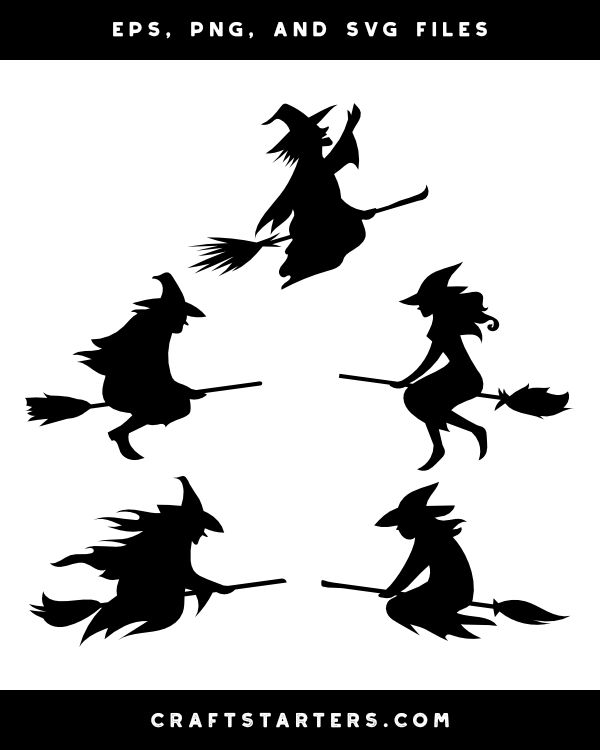 the silhouettes of witches flying on brooms in different positions, with text overlaying them