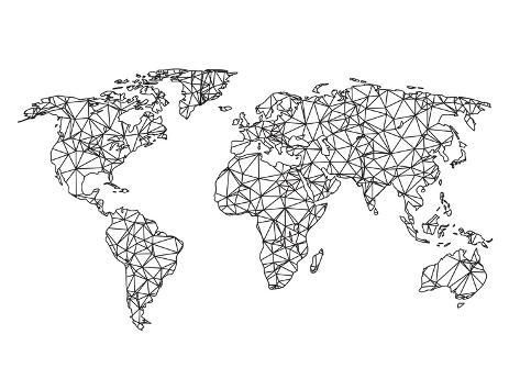 the world map is made up of lines and dots in black on a white background