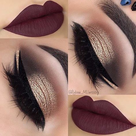 Double Eyeliner + Matte Plum Lips Make Up Mata, Double Eyeliner, Gold Smokey Eye, Plum Lips, Makeup Tip, Batons Matte, Smink Inspiration, Makijaż Smokey Eye, Makeup Hacks