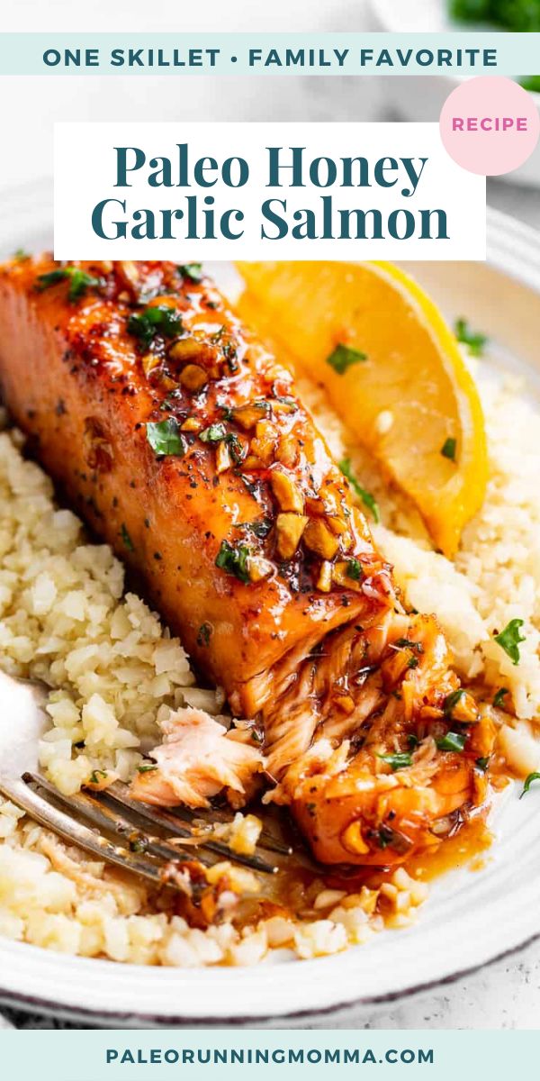 a plate with salmon, rice and lemons on it that says pale honey garlic salmon