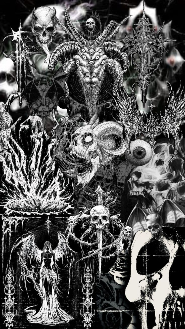 black and white collage with skulls, monsters, and other things in the background