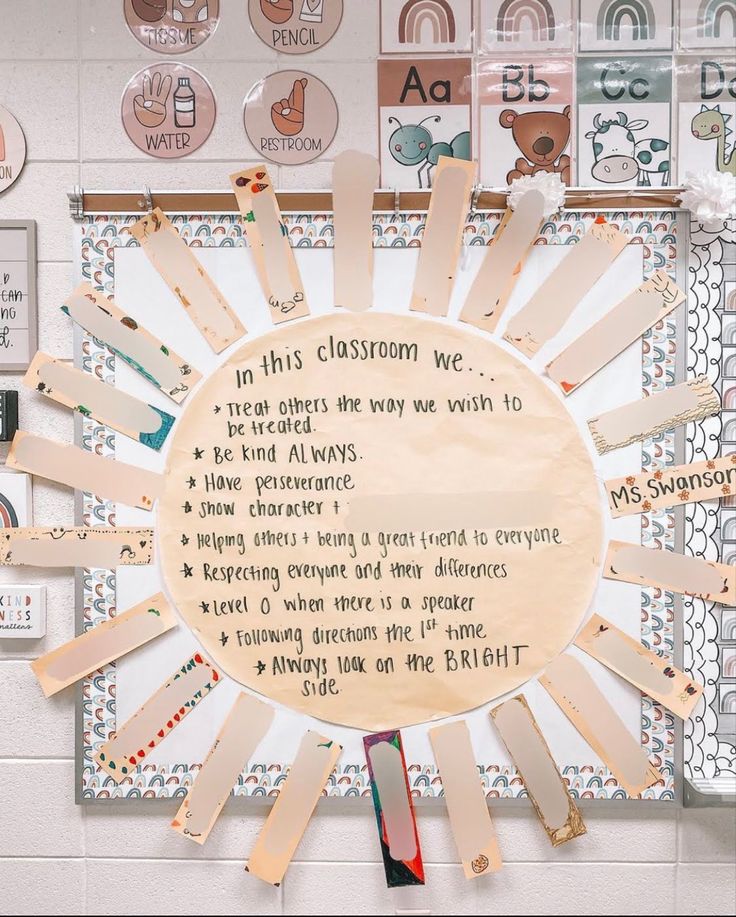 a bulletin board with writing on it in the middle of a room filled with magnets