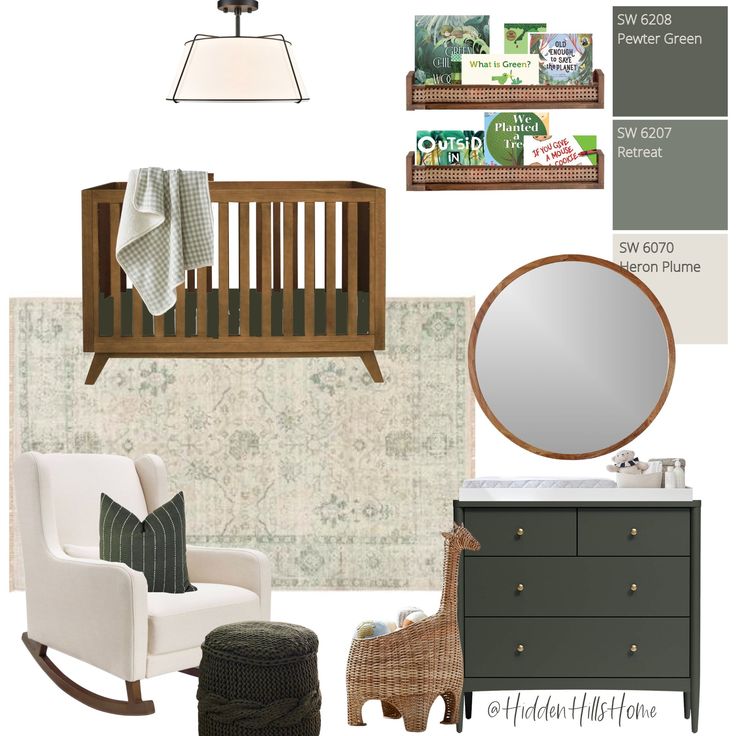 a baby's room with green and white accessories, including a rocking chair, dresser, mirror, and wallpaper