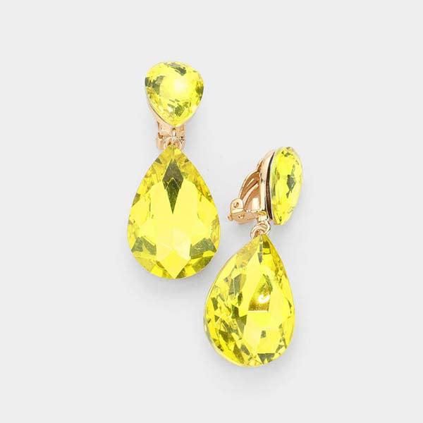 Crystal Yellow Double Teardrop Clip-on Gold Earrings Crystal Yellow, Pageant Earrings, Evening Earrings, Bling Necklace, Loop Earrings, Glass Crystal, Exquisite Jewelry, Teardrop Earrings, Crystal Earrings