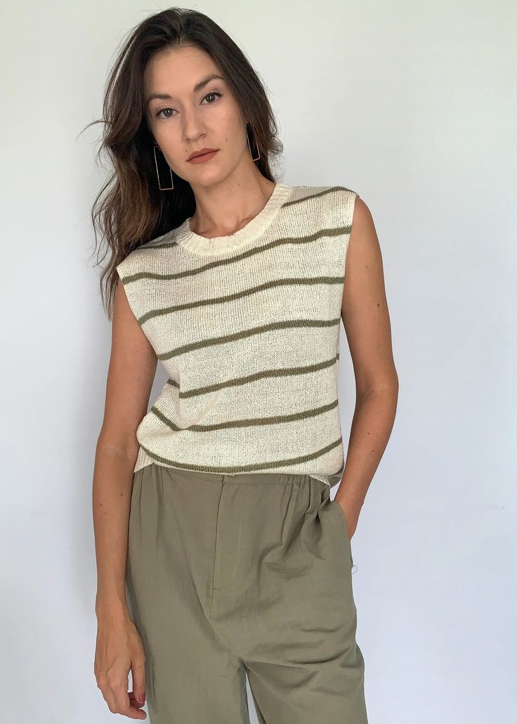 Olive & Cream Horizontal Stripe Knit Pullover | Shop Tiny Details – The Tiny Details Sleeveless Pullover, Top For Women, Knit Pullover, Top Sleeveless, Striped Knit, Go Ahead, Workout Wear, Knitted Pullover, Hat Hairstyles