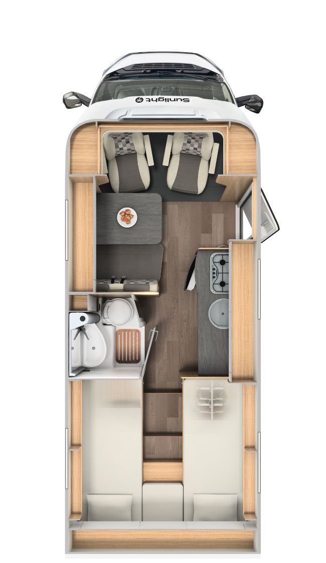 the floor plan for a small boat with an open kitchen and living area in it