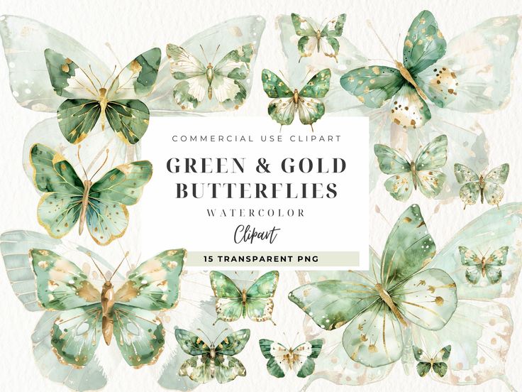 green and gold butterflies watercolor clipart graphic set example for commercial use in adobe