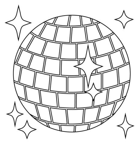 a black and white drawing of a disco ball with stars around the edges, on a white background