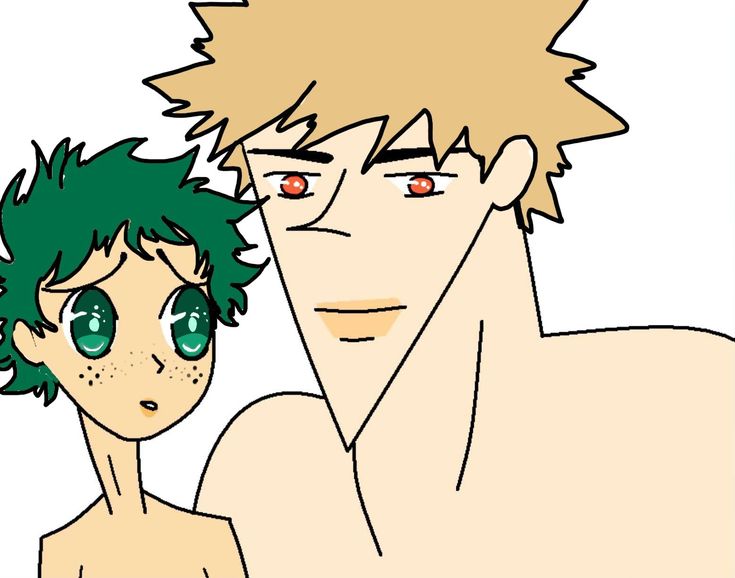 two anime characters one with green hair and the other without his shirt on, staring at each other