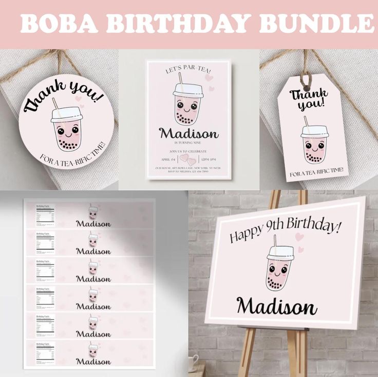 a birthday party with pink and white items, including a thank card, name tags, and