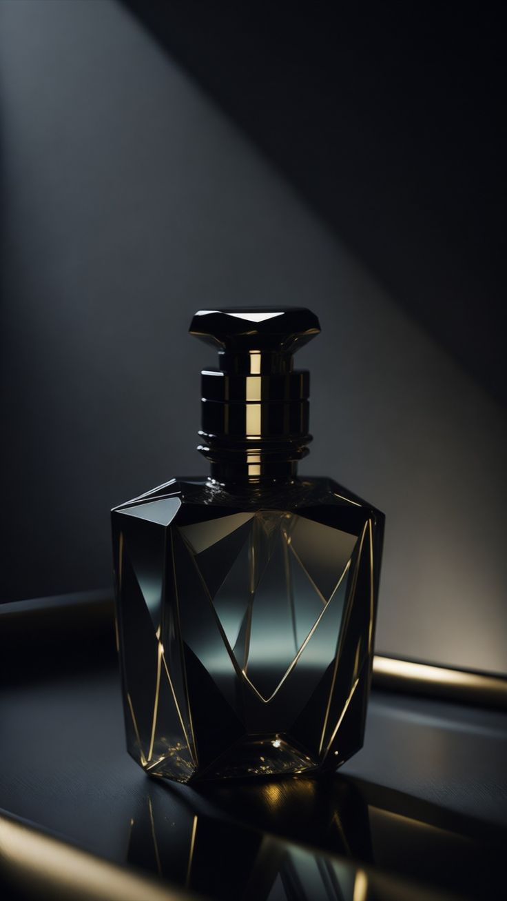 a black bottle sitting on top of a table next to a light shining in the dark