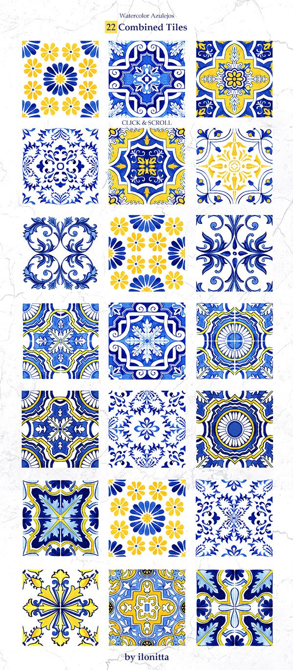 blue and yellow tiles with different designs on them