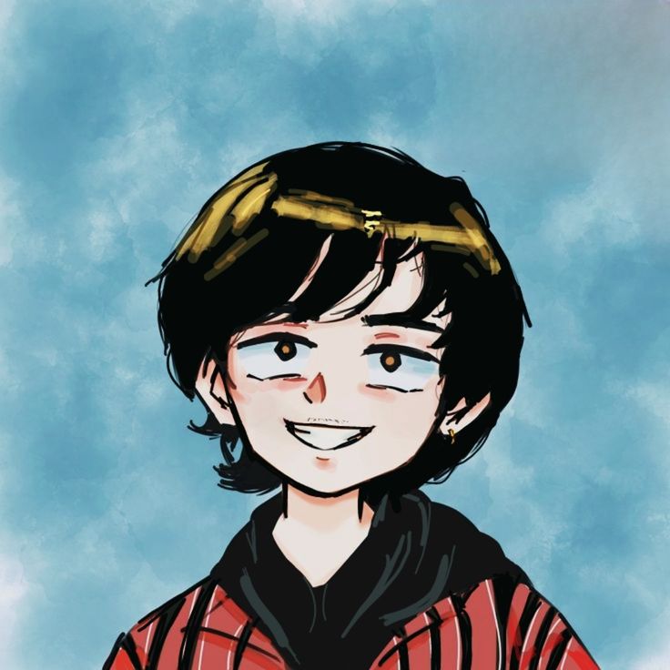 a drawing of a young man with black hair and brown eyes, wearing a red striped shirt