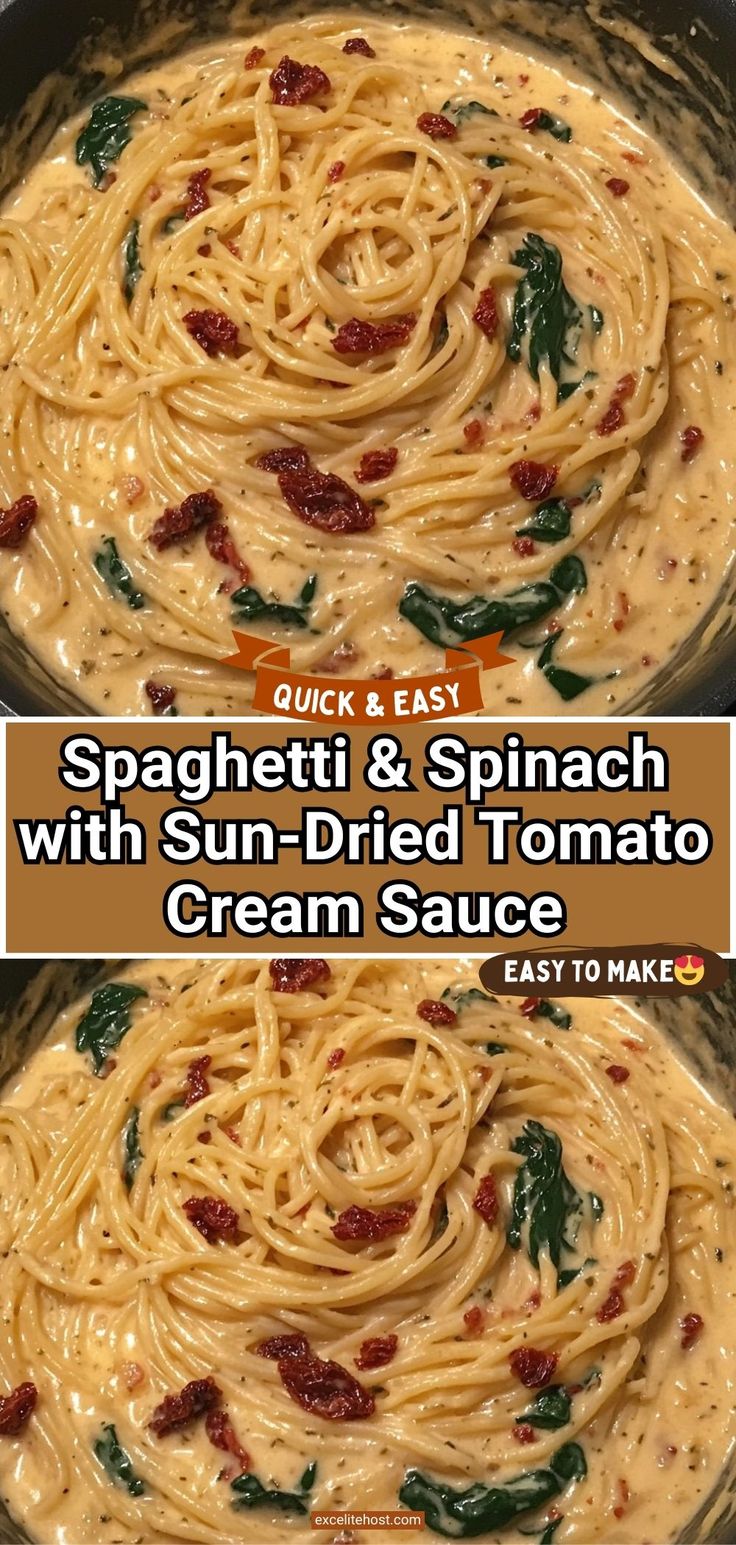 When you’re in the mood for a rich and creamy pasta dish with a hint of freshness, this Spaghetti & Spinach with Sun-Dried Tomato Cream Sauce is a perfect choice. Packed with bold flavors, tender spaghetti, and wilted spinach, this easy to make dish is both satisfying and sophisticated. Healthy Pasta With Spinach, Spaghetti With Zoodles, Spaghetti Carbonara No Eggs, Spaghetti And Spinach With Sundried Tomatoes Cream Sauce, Spaghetti And Tomatoes Pasta Dishes, Spaghetti With Spinach And Sun Dried Tomato, Pasta Dishes With White Sauce, Spaghetti With Spinach And Tomatoes, Spaghetti With Tomato Cream Sauce