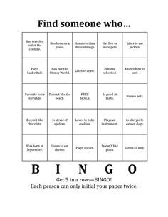 a printable game with the words, find someone who and how to use it