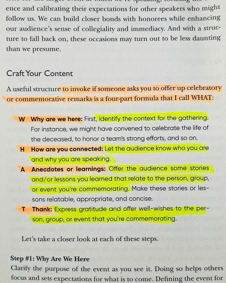 an open book with yellow highlights on the page and some words below it that read craft your content