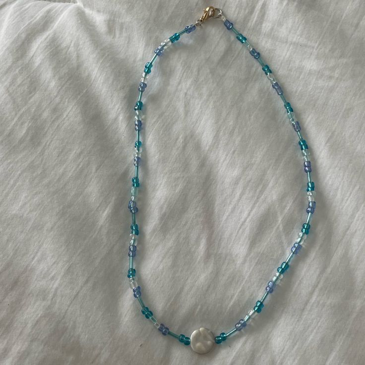 Never Worn, Custom, Handmade! Trendy Blue Jewelry With Tiny Beads, Trendy Blue Beaded Chain Necklace, Blue Beaded Everyday Necklace, Trendy Blue Necklace With Colorful Beads, Casual Blue Necklace For Everyday Wear, Adjustable Blue Beaded Necklace With Heart Beads, Casual Blue Beaded Necklaces With Large Beads, Casual Blue Beaded Necklace With Large Beads, Casual Blue Necklace With Large Beads