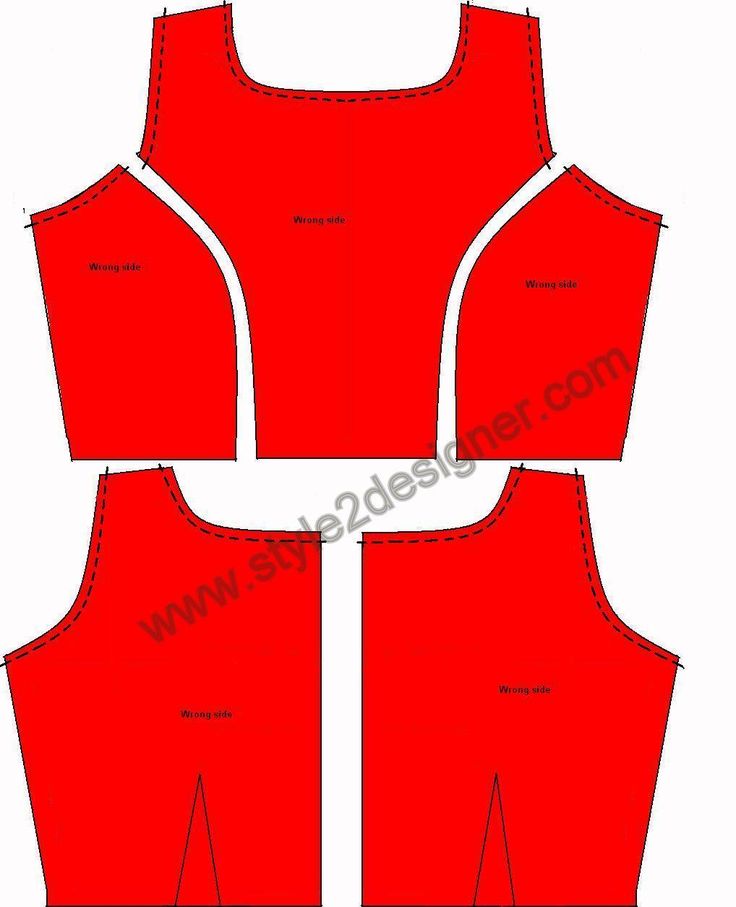 the front and back views of a red vest with white piping on it,