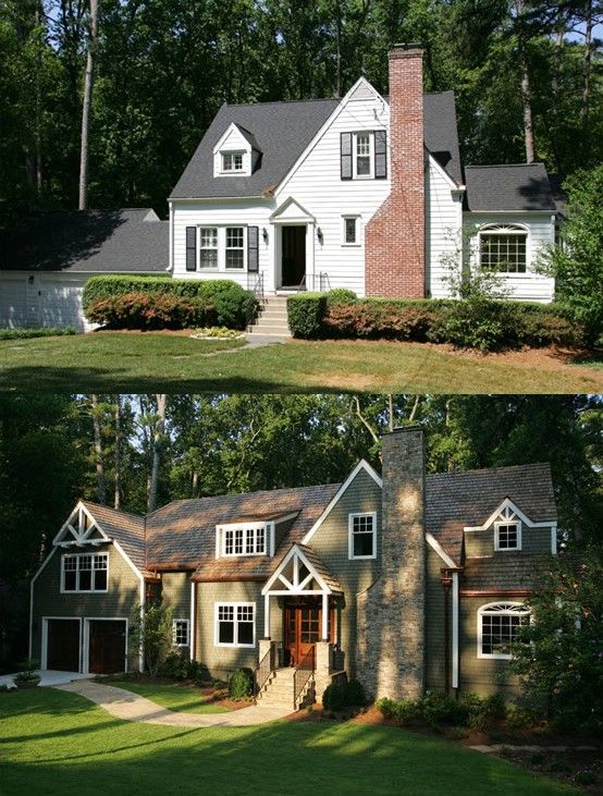 before and after pictures of a house in the woods, with grass on the lawn