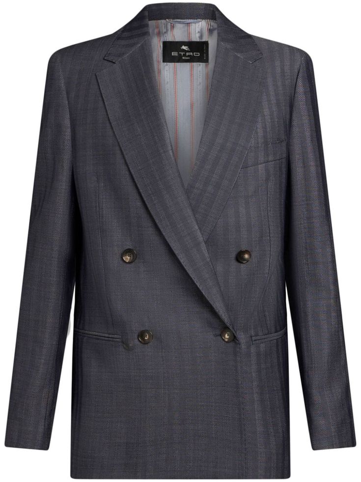 dark grey wool candy stripe pattern wide notch lapels double-breasted button fastening long sleeves buttoned-cuff sleeves two front welt pockets Candy Stripes, Double Breasted Jacket, Double Breasted Blazer, Yoga Wear, Wool Jacket, Cuff Sleeves, Gray Jacket, Luxury Fabrics, Outerwear Women